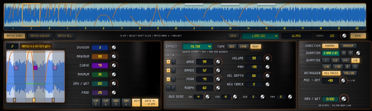 The UNIQUENCER panel — step strip with each step's curve drawn over the baked waveform, the per-segment edit panel, and the global panel with DURATION, QUANTISE and RETRIGGER.