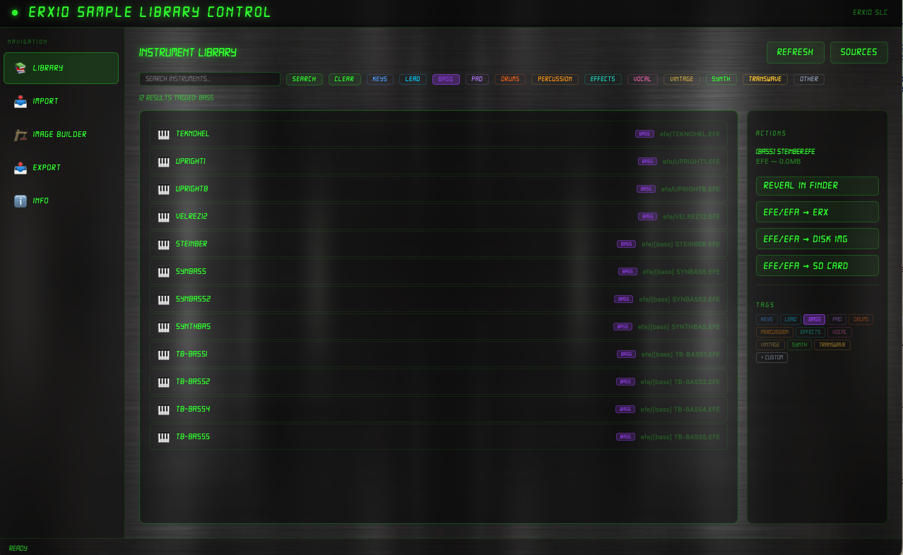 Library with tag search showing 12 bass instruments