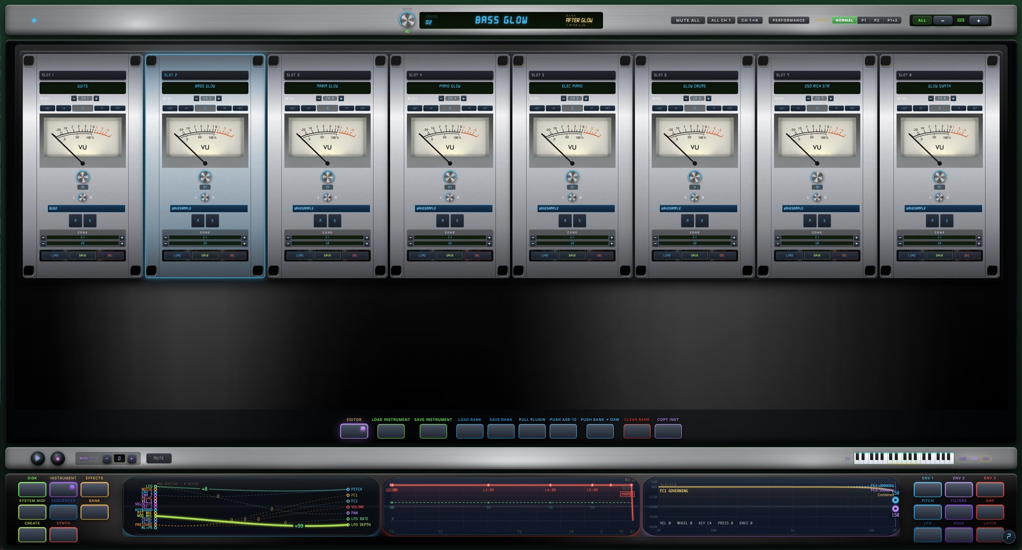 ERX10 Edulator V4.2 — the 8-slot instrument page