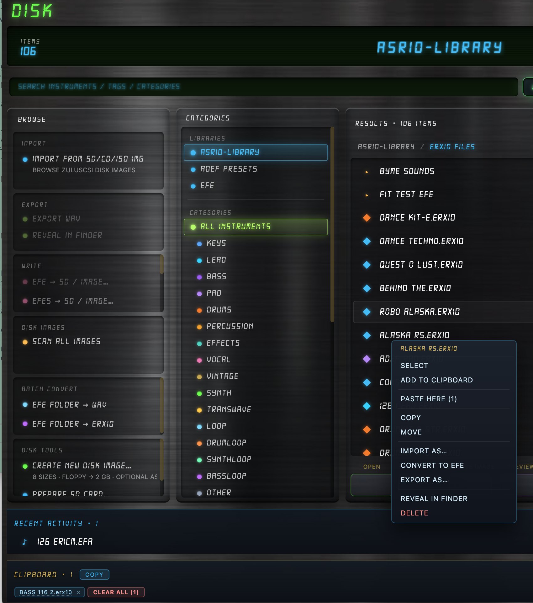 ERX10 Sample Library Control 4.2 — right-click menu and clipboard